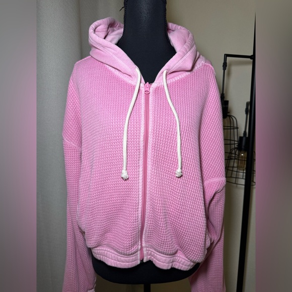 Aerie Pink Cozy Casual Loungewear Waffle Knit Zip Up Hoodie Size Large - Picture 3 of 10